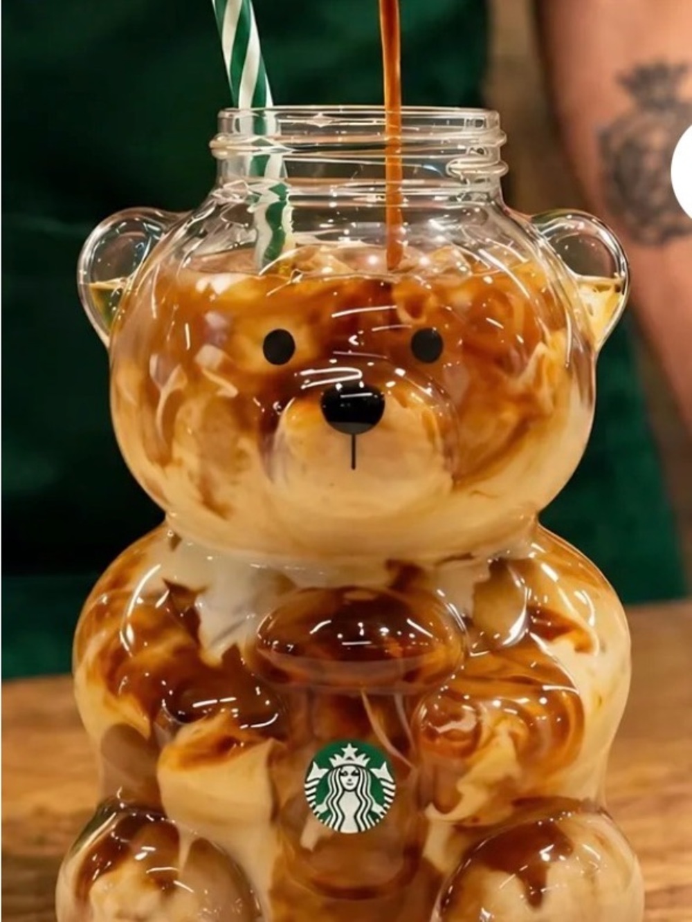 Starbucks Clear Glass Bear Tumbler with Green Accent